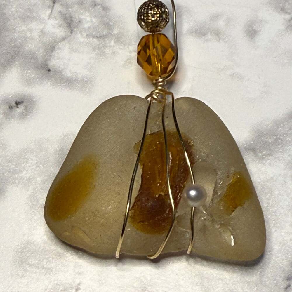 Handmade Honey Brown Sea Glass Wire Wrapped Pendant with Cultured Pearl and Gold